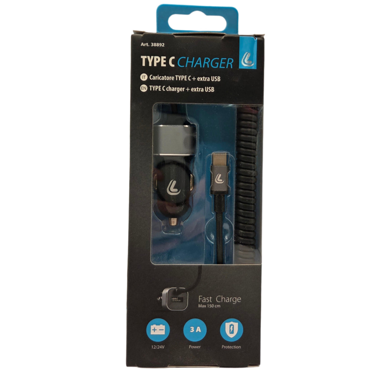 Încărcător auto USB-C, 1 port, 3000mA, cablu spirală 150cm