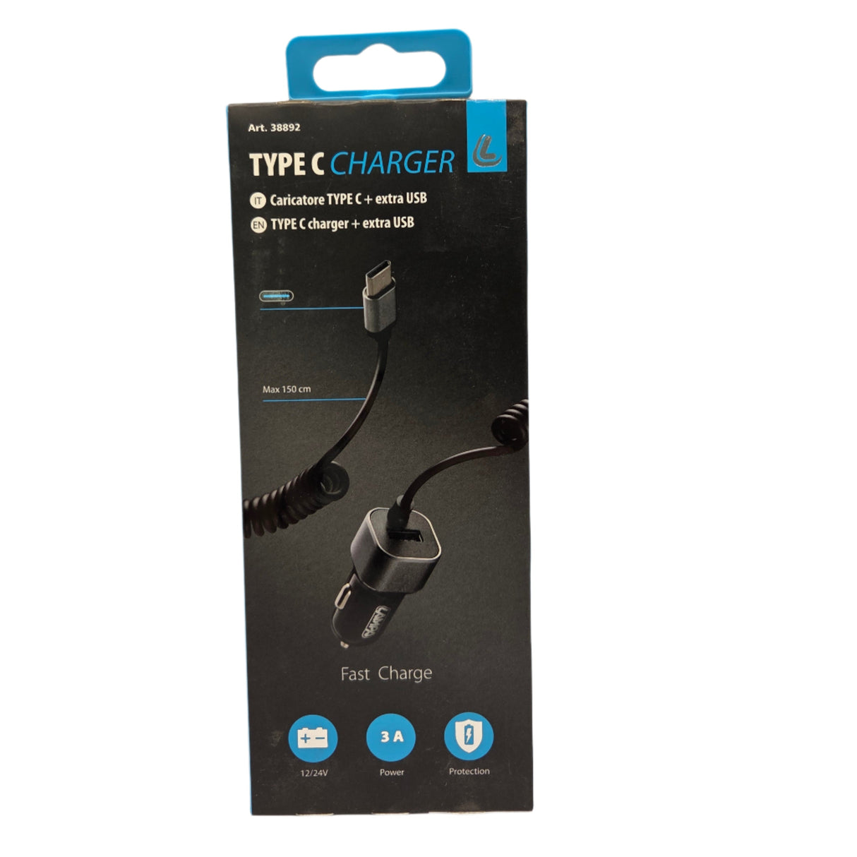 Încărcător auto USB-C, 1 port, 3000mA, cablu spirală 150cm