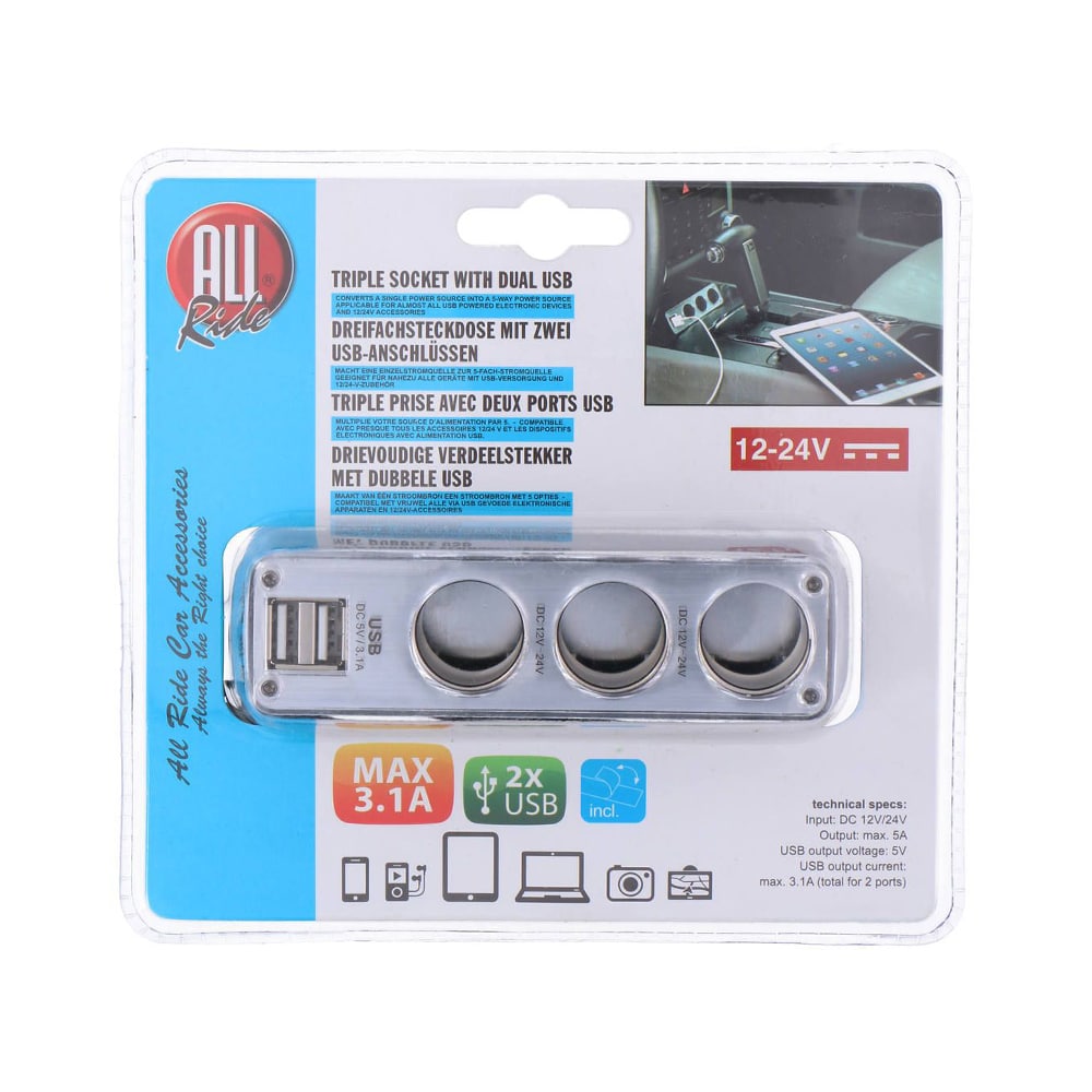 3-Socket Car Cigarette Lighter Splitter with 2 USB Ports