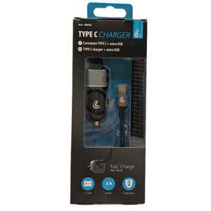 Încărcător auto USB-C, 1 port, 3000mA, cablu spirală 150cm