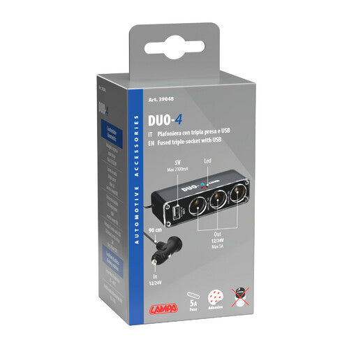Împărțitor brichetă auto cu 3 prize și port USB Lampa DUO-4