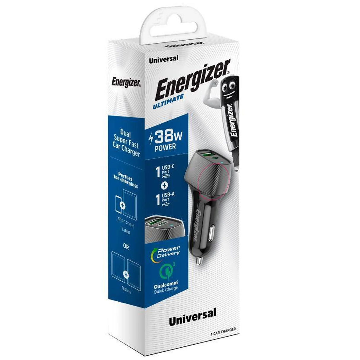 Energizer D38BK 38W Car Charger USB-A & Type-C QC – Carbon Fiber Design