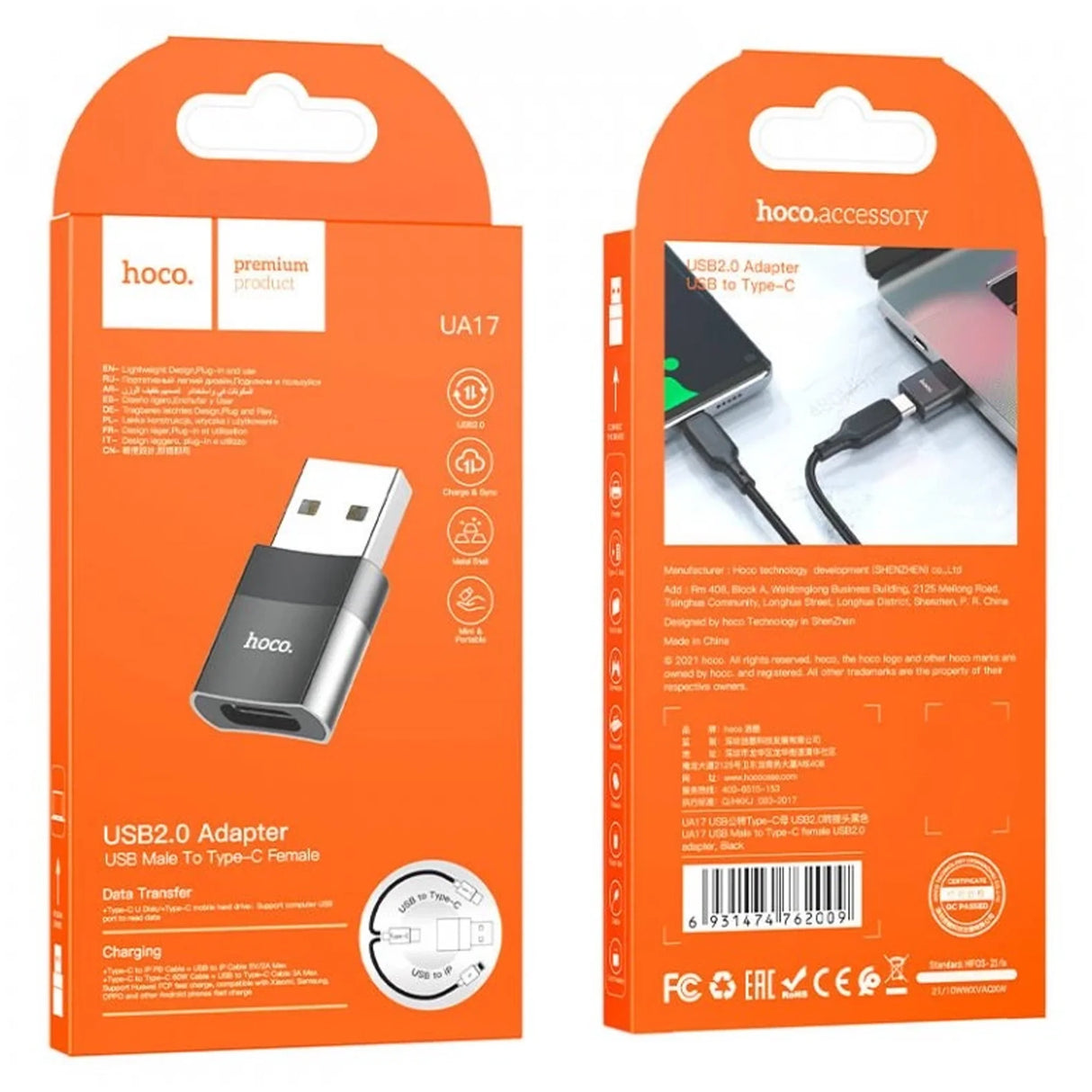 Adaptador USB 2.0 a USB Tipo-C Negro HOCO UA17